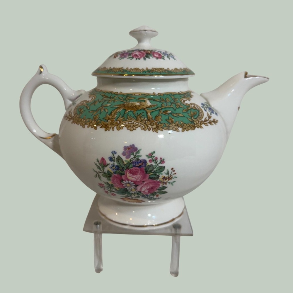 Coalport Montrose Green Bone China Teapot Floral Bird Gold Trim England 7in‎